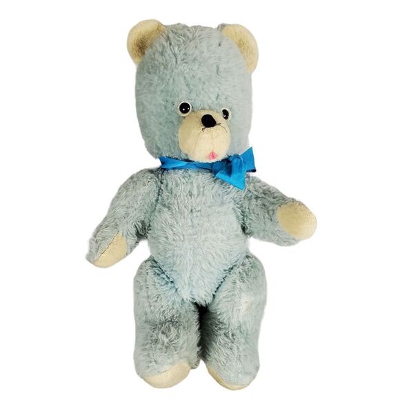 Vintage Teddy Bear Plush Blue Moveable Arms Head Bow Tongue Out Stuffed Animal - Picture 3 of 12